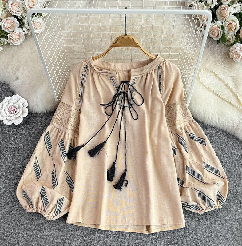 Olivenorma Geometric Totem Embroidery Lantern Sleeve Women's Shirt