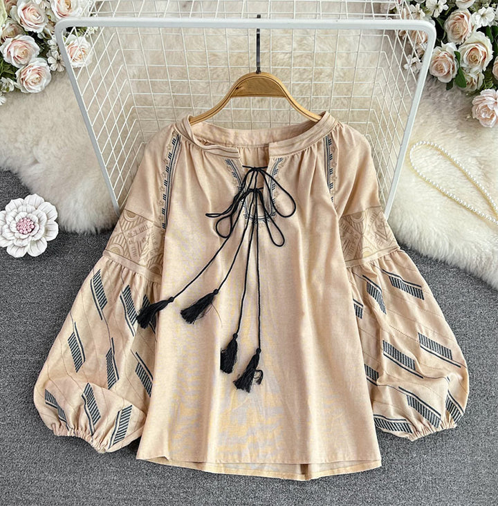 Olivenorma Geometric Totem Embroidery Lantern Sleeve Women's Shirt