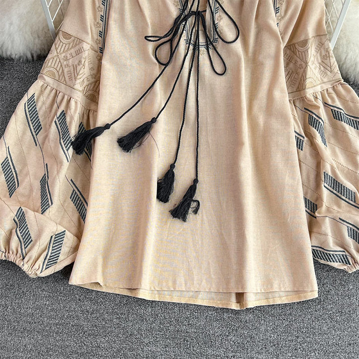 Olivenorma Geometric Totem Embroidery Lantern Sleeve Women's Shirt