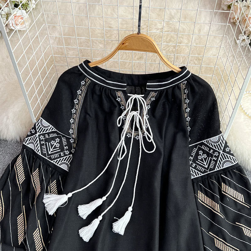 Olivenorma Geometric Totem Embroidery Lantern Sleeve Women's Shirt