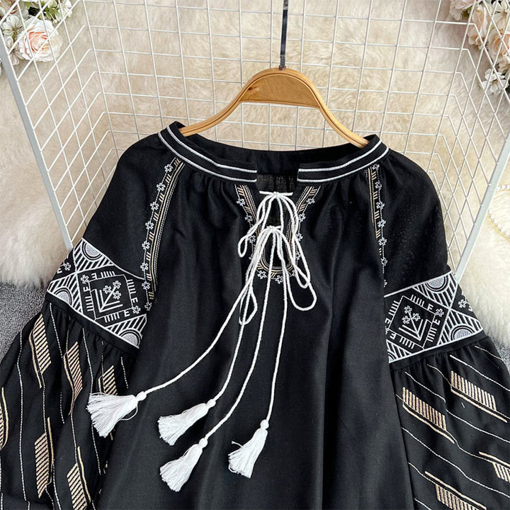 Olivenorma Geometric Totem Embroidery Lantern Sleeve Women's Shirt