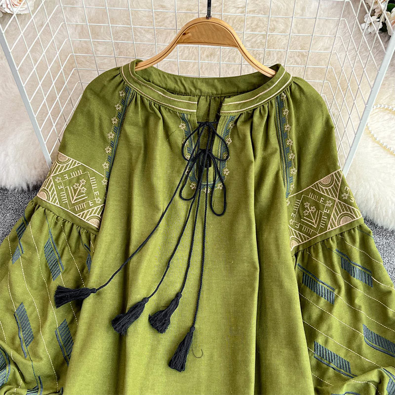 Olivenorma Geometric Totem Embroidery Lantern Sleeve Women's Shirt