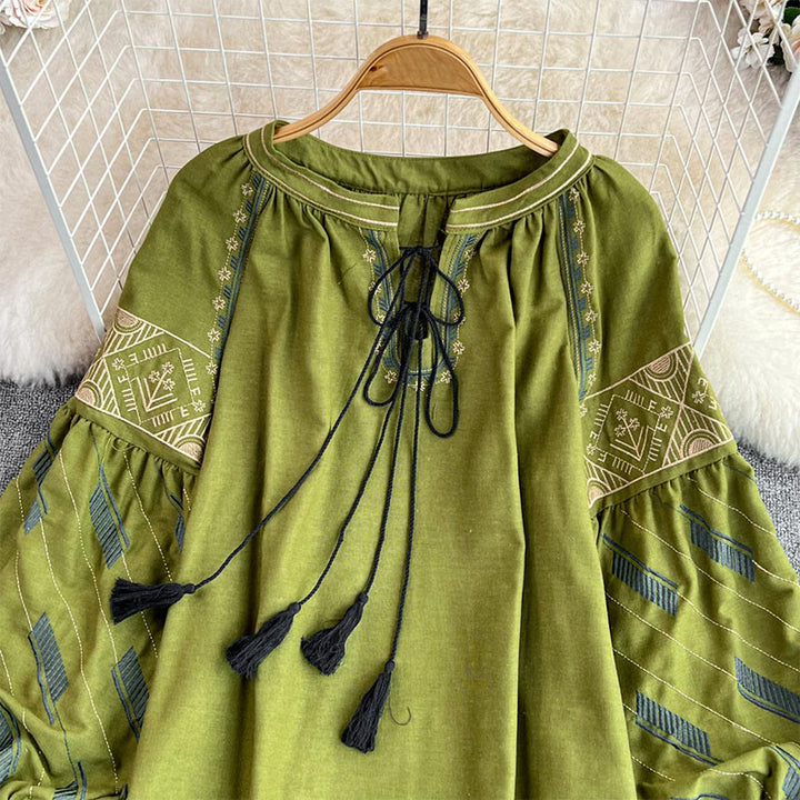 Olivenorma Geometric Totem Embroidery Lantern Sleeve Women's Shirt