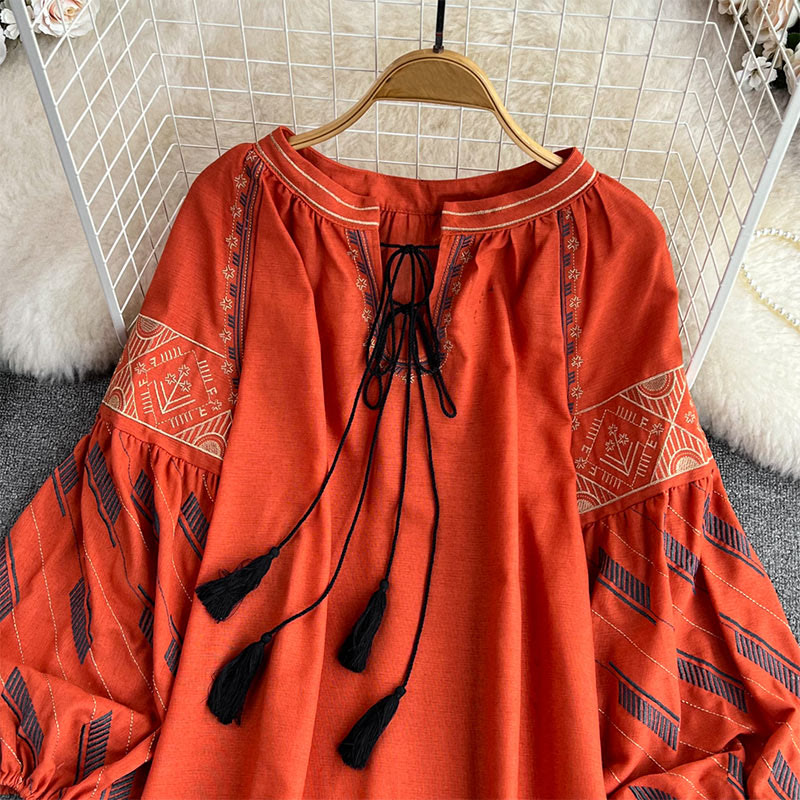 Olivenorma Geometric Totem Embroidery Lantern Sleeve Women's Shirt