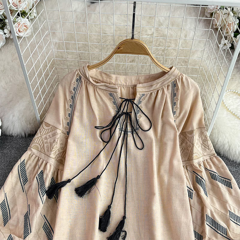 Olivenorma Geometric Totem Embroidery Lantern Sleeve Women's Shirt