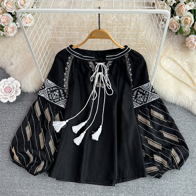 Olivenorma Geometric Totem Embroidery Lantern Sleeve Women's Shirt