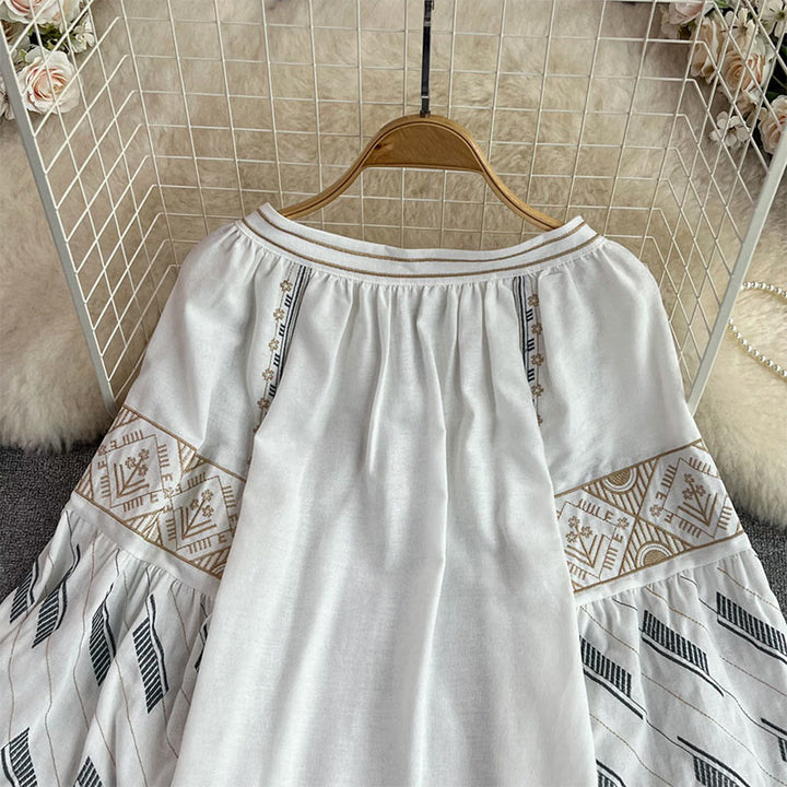 Olivenorma Geometric Totem Embroidery Lantern Sleeve Women's Shirt