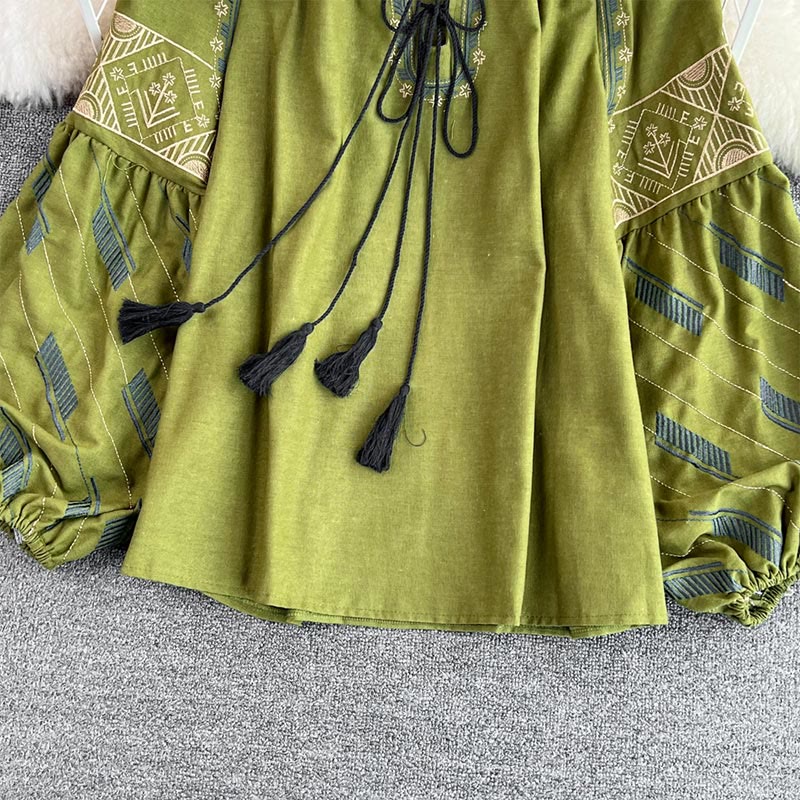 Olivenorma Geometric Totem Embroidery Lantern Sleeve Women's Shirt