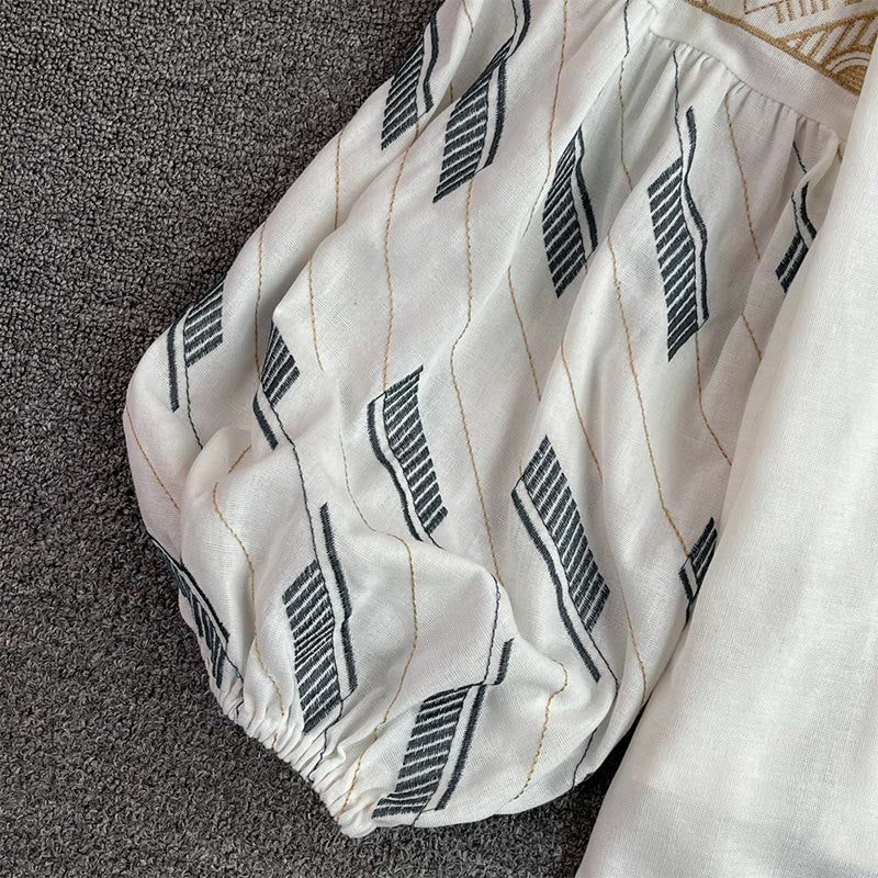 Olivenorma Geometric Totem Embroidery Lantern Sleeve Women's Shirt