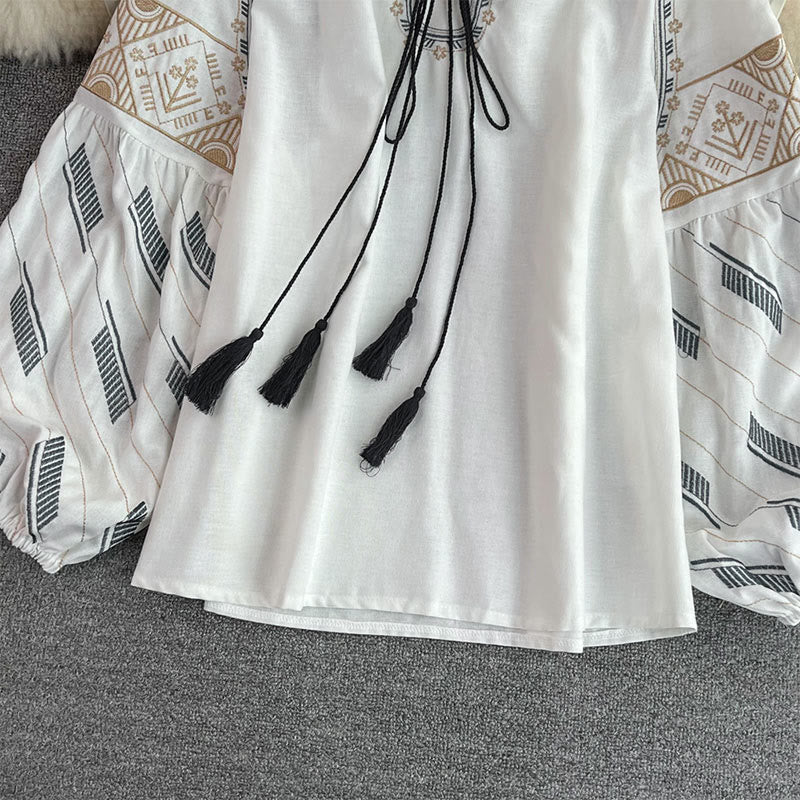 Olivenorma Geometric Totem Embroidery Lantern Sleeve Women's Shirt