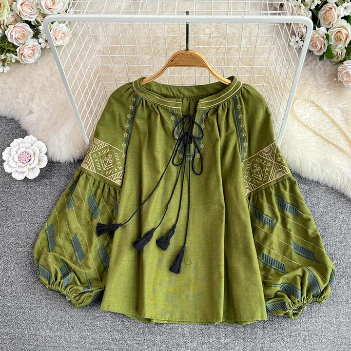 Olivenorma Geometric Totem Embroidery Lantern Sleeve Women's Shirt