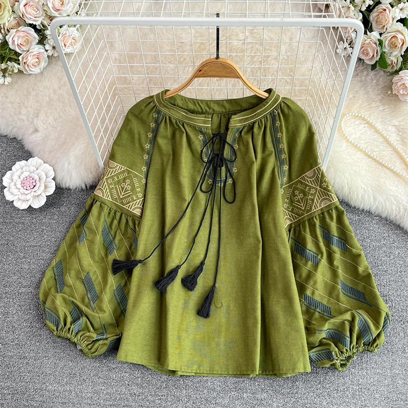 Olivenorma Geometric Totem Embroidery Lantern Sleeve Women's Shirt