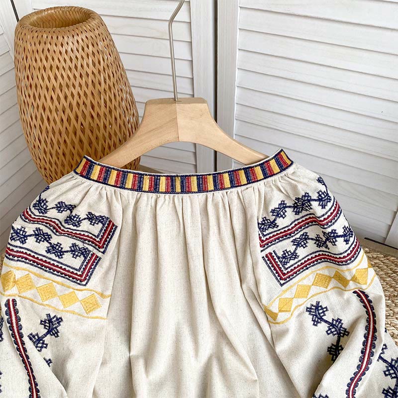 Olivenorma Bohemian Style Embroidery Lantern Sleeve Women's Shirt