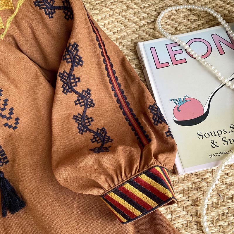 Olivenorma Bohemian Style Embroidery Lantern Sleeve Women's Shirt