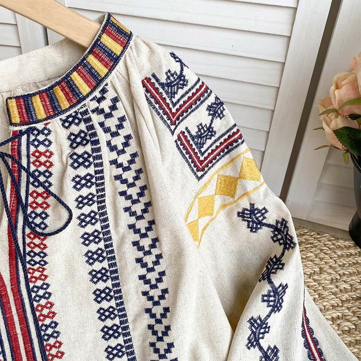 Olivenorma Bohemian Style Embroidery Lantern Sleeve Women's Shirt