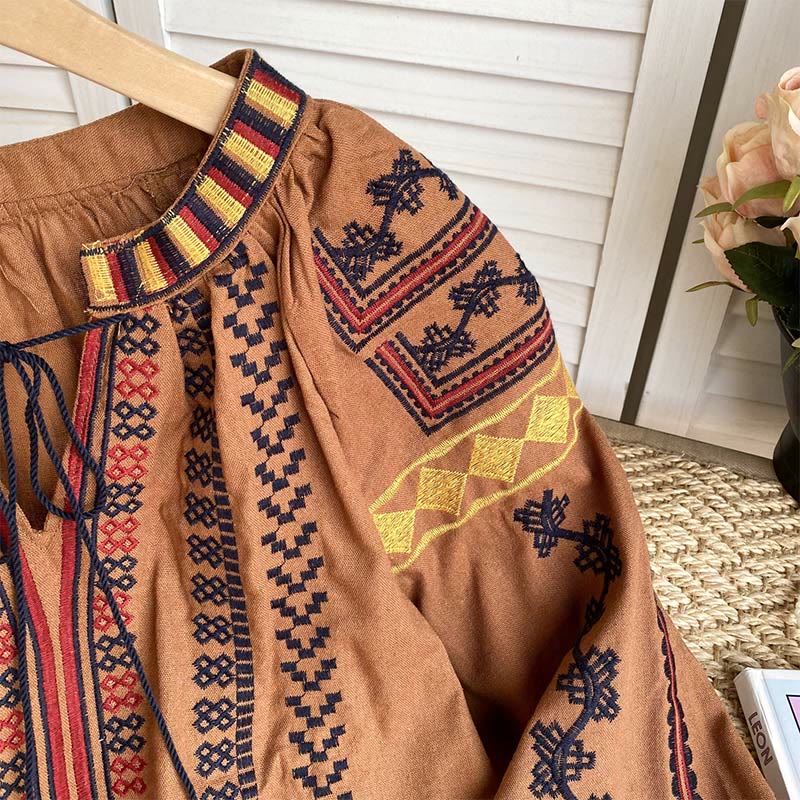 Olivenorma Bohemian Style Embroidery Lantern Sleeve Women's Shirt