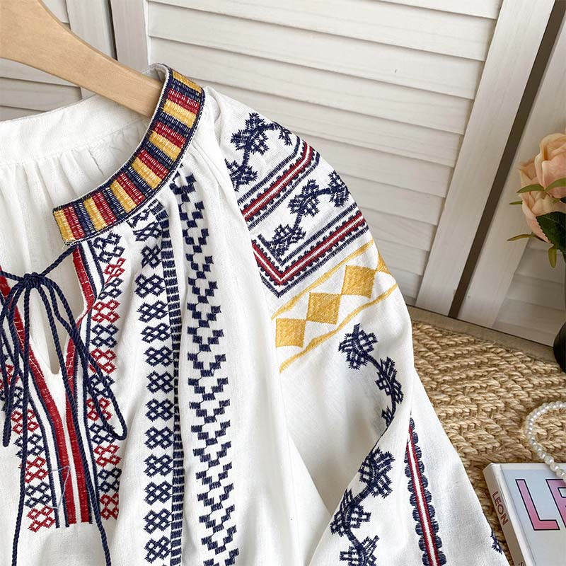 Olivenorma Bohemian Style Embroidery Lantern Sleeve Women's Shirt