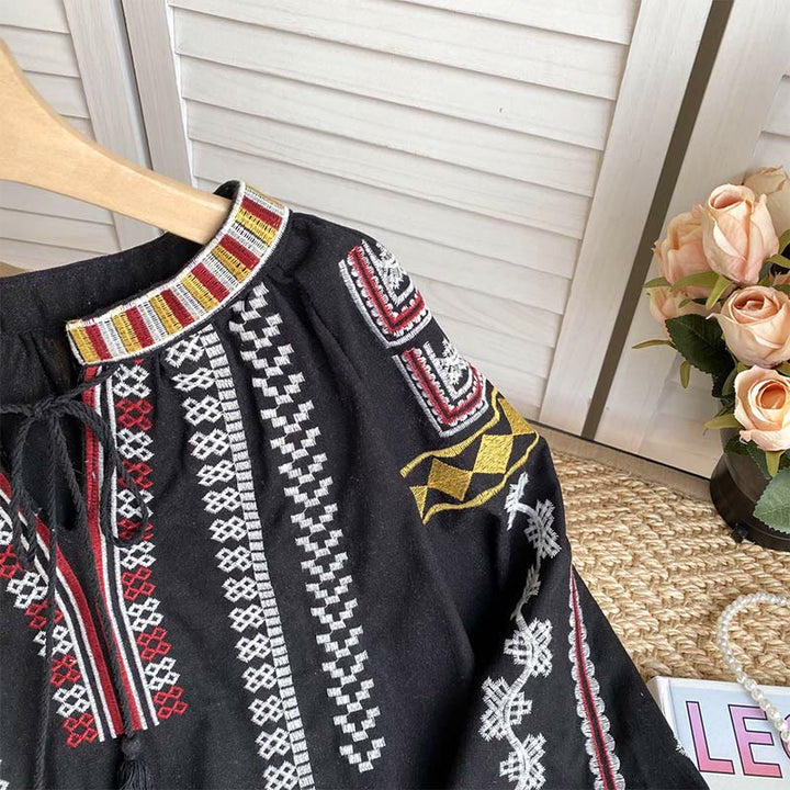 Olivenorma Bohemian Style Embroidery Lantern Sleeve Women's Shirt