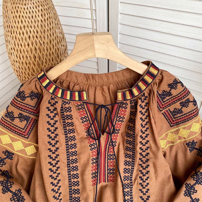 Olivenorma Bohemian Style Embroidery Lantern Sleeve Women's Shirt