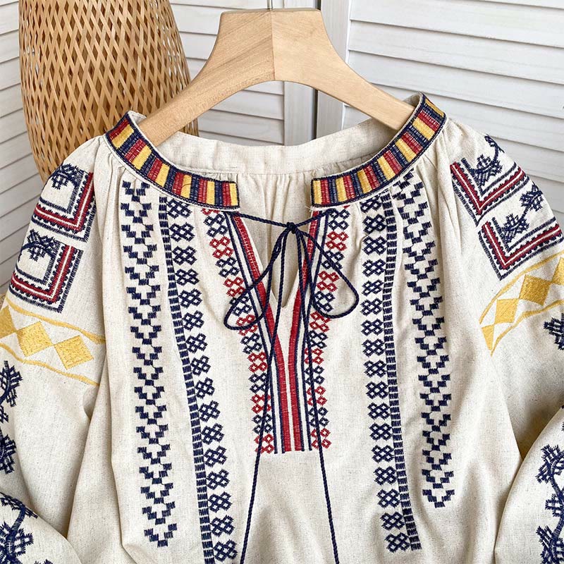 Olivenorma Bohemian Style Embroidery Lantern Sleeve Women's Shirt
