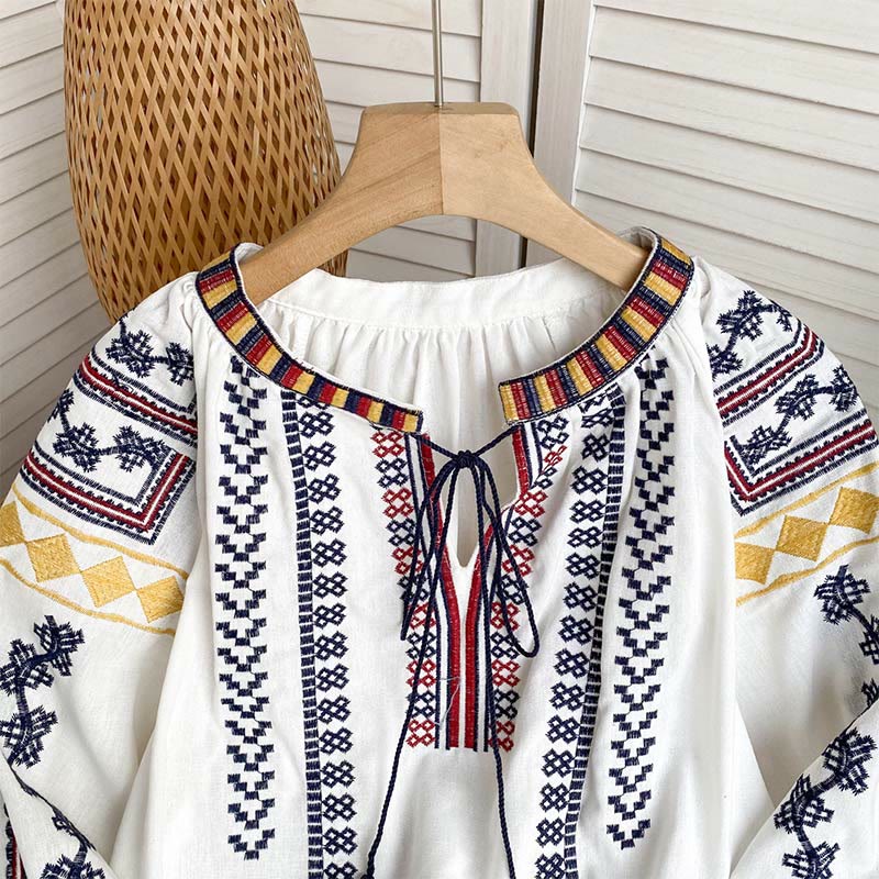 Olivenorma Bohemian Style Embroidery Lantern Sleeve Women's Shirt