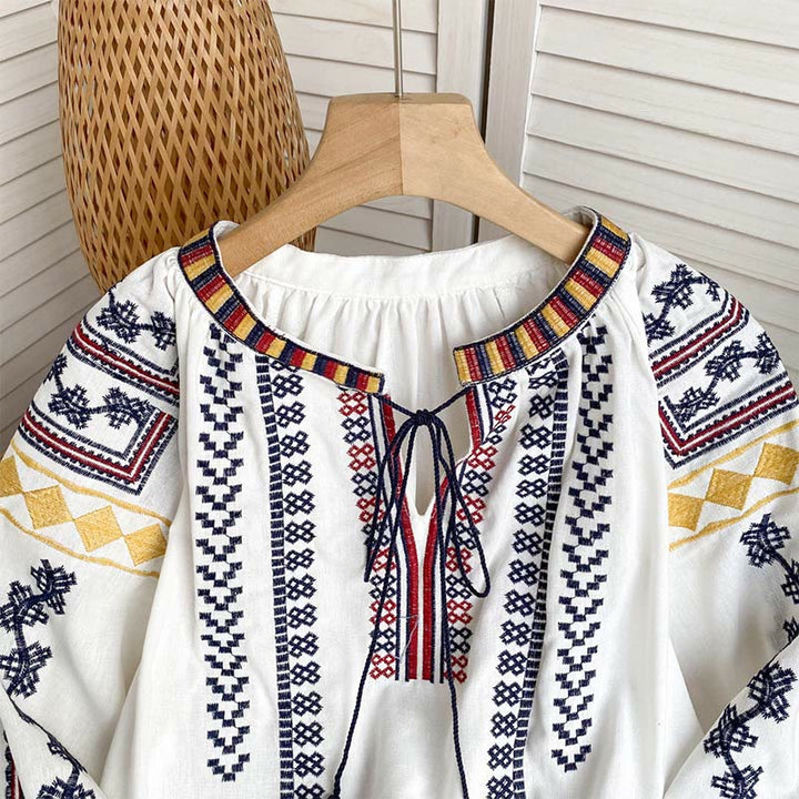 Olivenorma Bohemian Style Embroidery Lantern Sleeve Women's Shirt