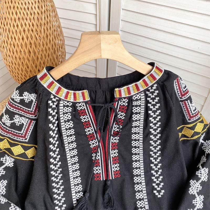 Olivenorma Bohemian Style Embroidery Lantern Sleeve Women's Shirt