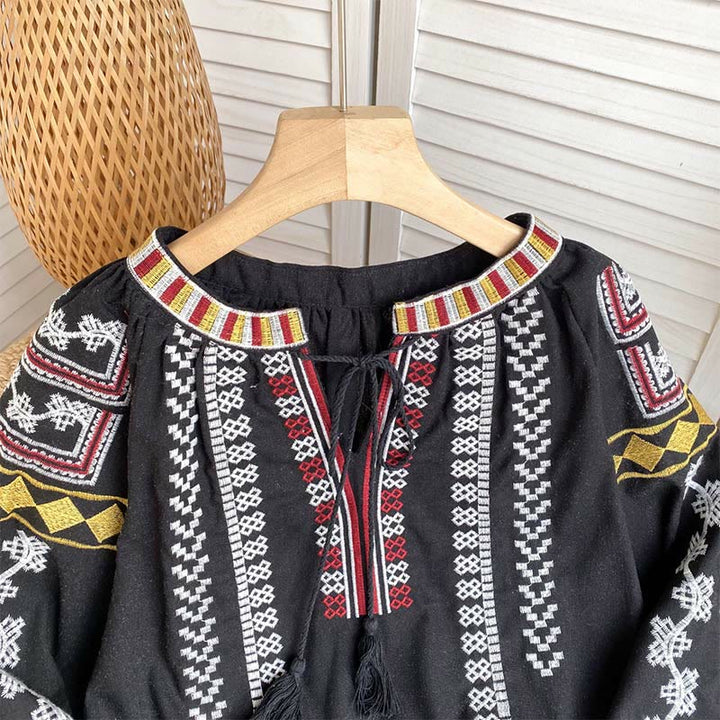 Olivenorma Bohemian Style Embroidery Lantern Sleeve Women's Shirt