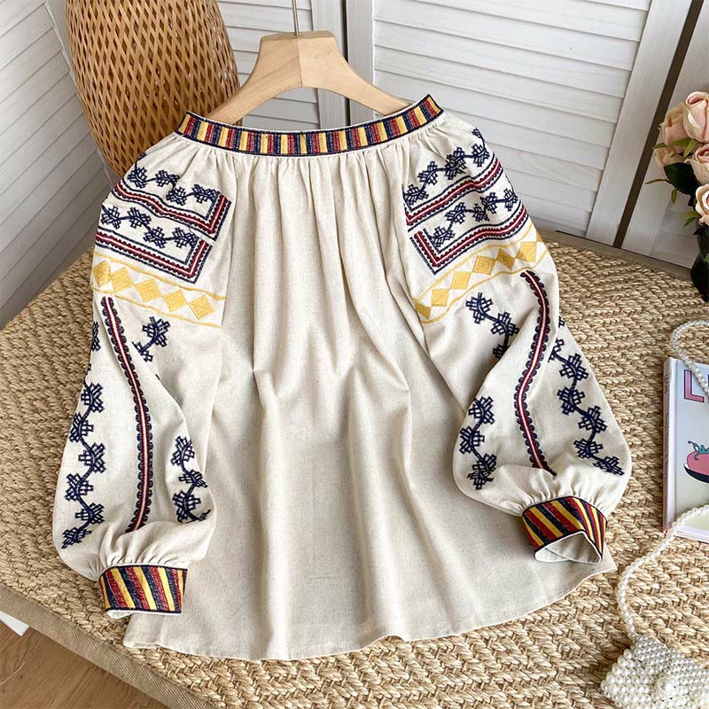 Olivenorma Bohemian Style Embroidery Lantern Sleeve Women's Shirt