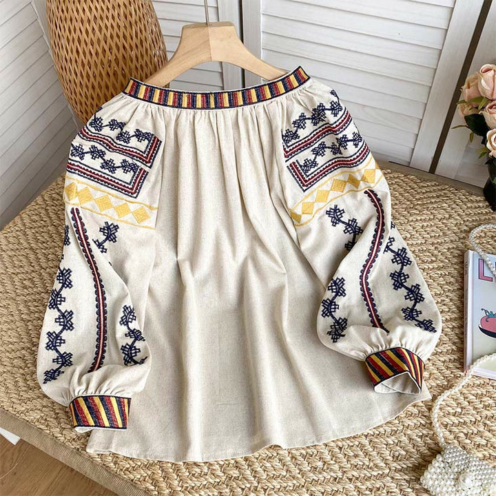 Olivenorma Bohemian Style Embroidery Lantern Sleeve Women's Shirt