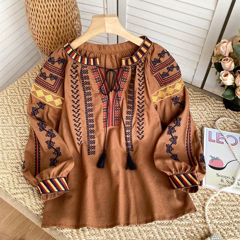 Olivenorma Bohemian Style Embroidery Lantern Sleeve Women's Shirt