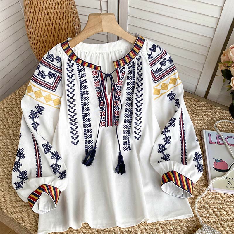 Olivenorma Bohemian Style Embroidery Lantern Sleeve Women's Shirt