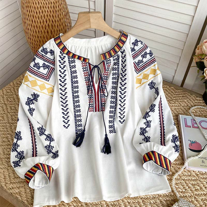 Olivenorma Bohemian Style Embroidery Lantern Sleeve Women's Shirt