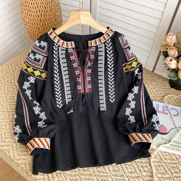 Olivenorma Bohemian Style Embroidery Lantern Sleeve Women's Shirt