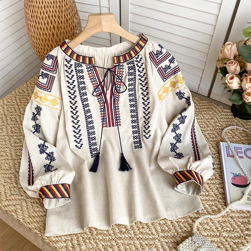 Olivenorma Bohemian Style Embroidery Lantern Sleeve Women's Shirt