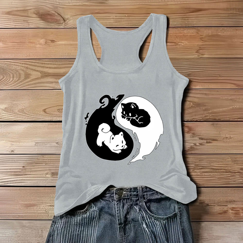 Olivenorma Black & White Yin-Yang Cat Philosophy Tank Top Shirt - Gray - 3XL - image 1