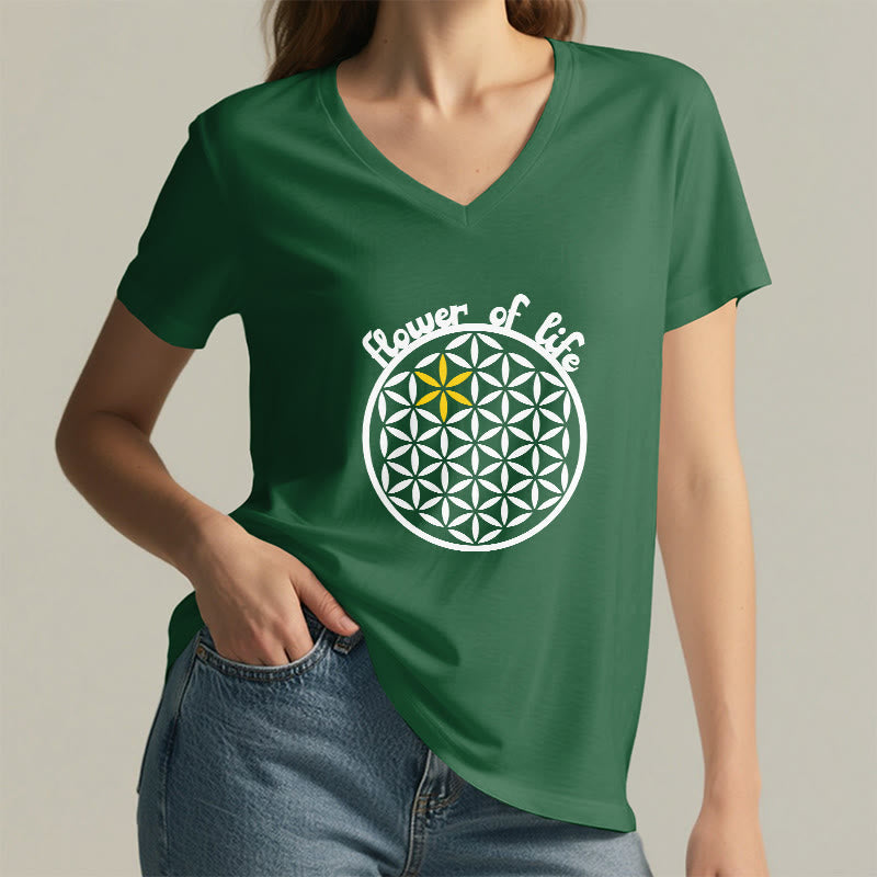 Olivenorma Flower of Life Boho Graphic Tees Casual V-Neck T-Shirt - image 17