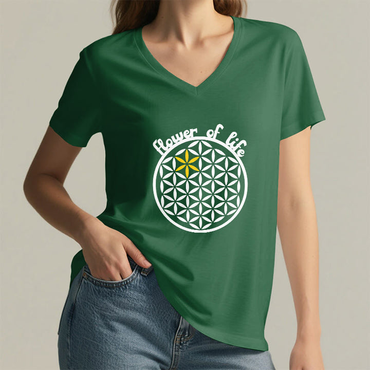 Olivenorma Flower of Life Boho Graphic Tees Casual V-Neck T-Shirt - image 17