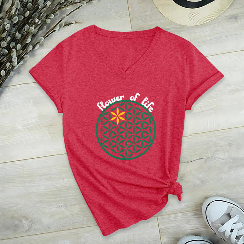 Olivenorma Flower of Life Boho Graphic Tees Casual V-Neck T-Shirt - Red - 2XL - image 28