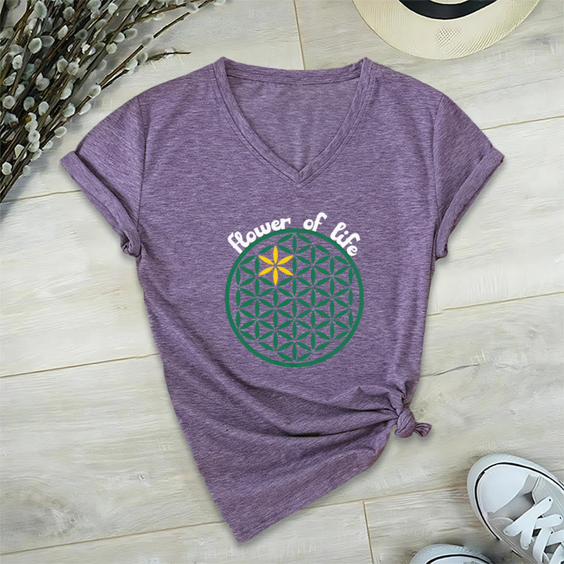 Olivenorma Flower of Life Boho Graphic Tees Casual V-Neck T-Shirt - Purple - 2XL - image 18