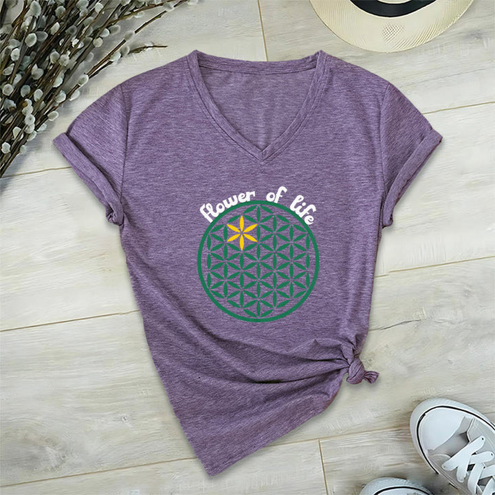 Olivenorma Flower of Life Boho Graphic Tees Casual V-Neck T-Shirt - Purple - 2XL - image 18