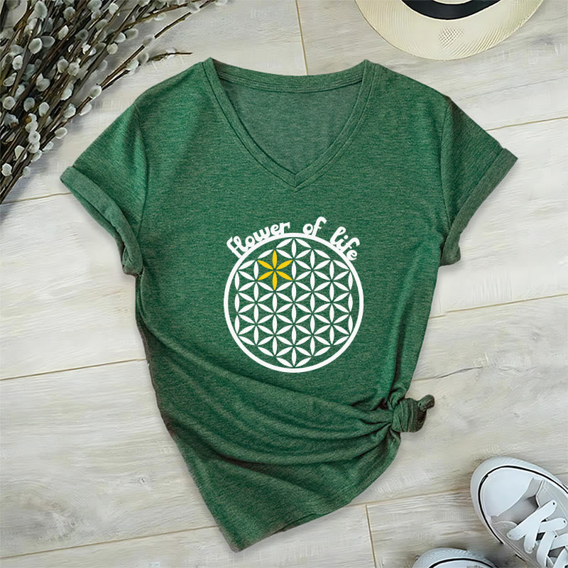 Olivenorma Flower of Life Boho Graphic Tees Casual V-Neck T-Shirt - Green - 2XL - image 16