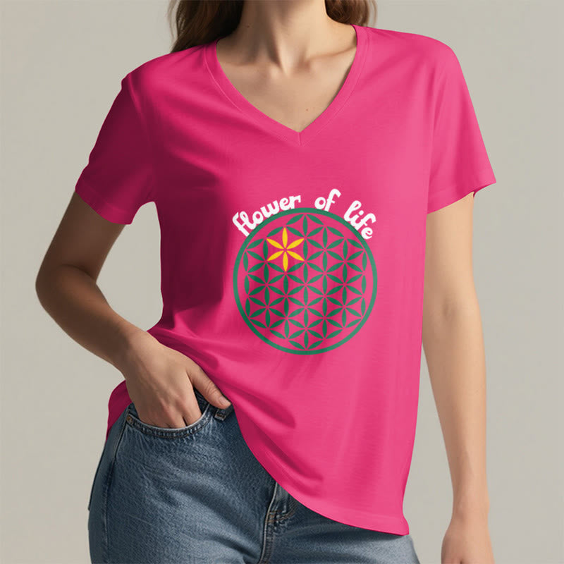 Olivenorma Flower of Life Boho Graphic Tees Casual V-Neck T-Shirt - image 31