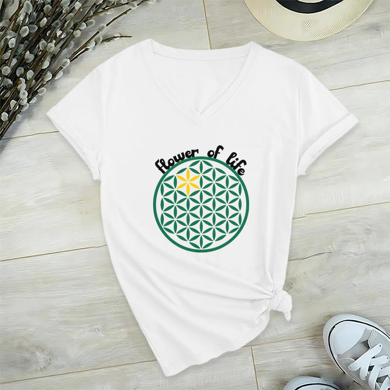 Olivenorma Flower of Life Boho Graphic Tees Casual V-Neck T-Shirt - White - 2XL - image 10