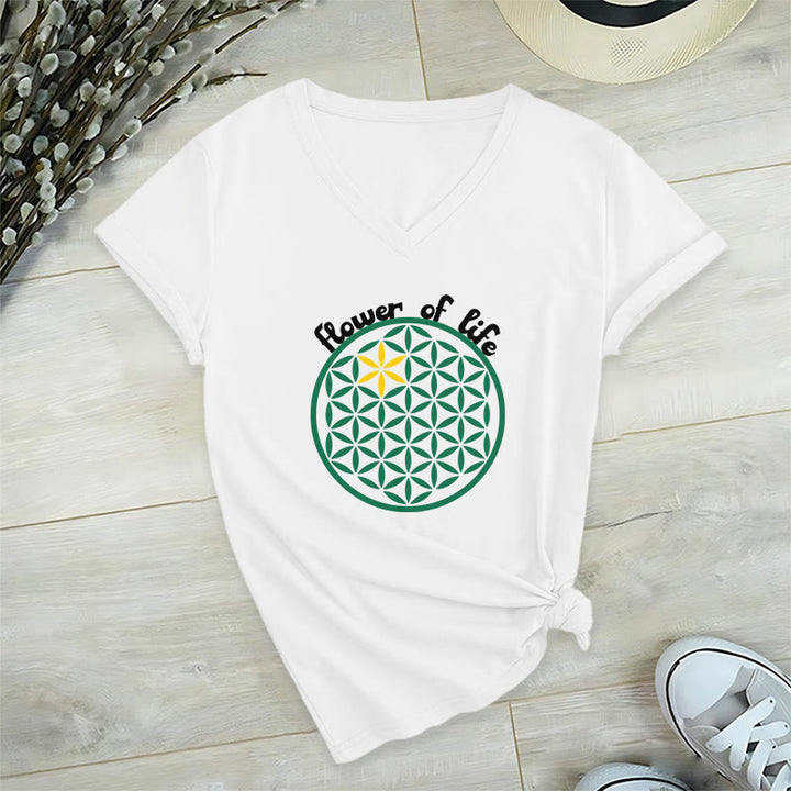 Olivenorma Flower of Life Boho Graphic Tees Casual V-Neck T-Shirt - White - 2XL - image 10