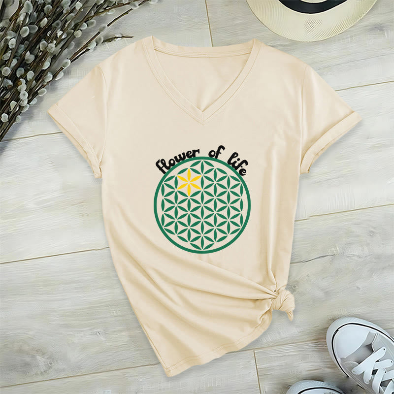 Olivenorma Flower of Life Boho Graphic Tees Casual V-Neck T-Shirt - Beige - 2XL - image 1