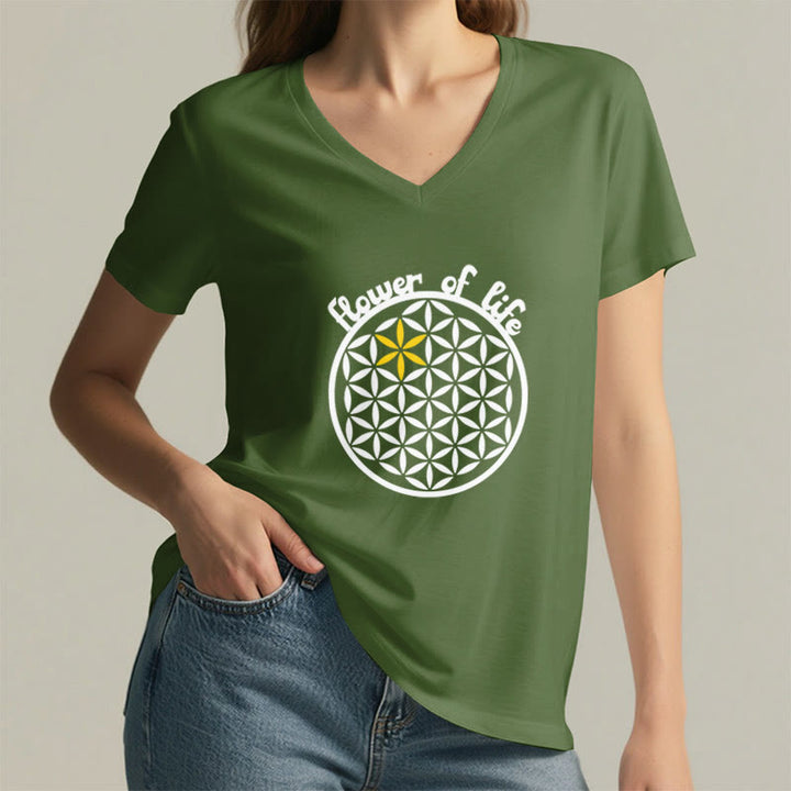 Olivenorma Flower of Life Boho Graphic Tees Casual V-Neck T-Shirt - image 25