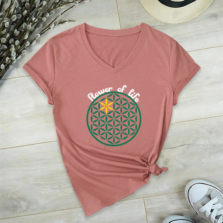 Olivenorma Flower of Life Boho Graphic Tees Casual V-Neck T-Shirt - Pink - 2XL - image 26
