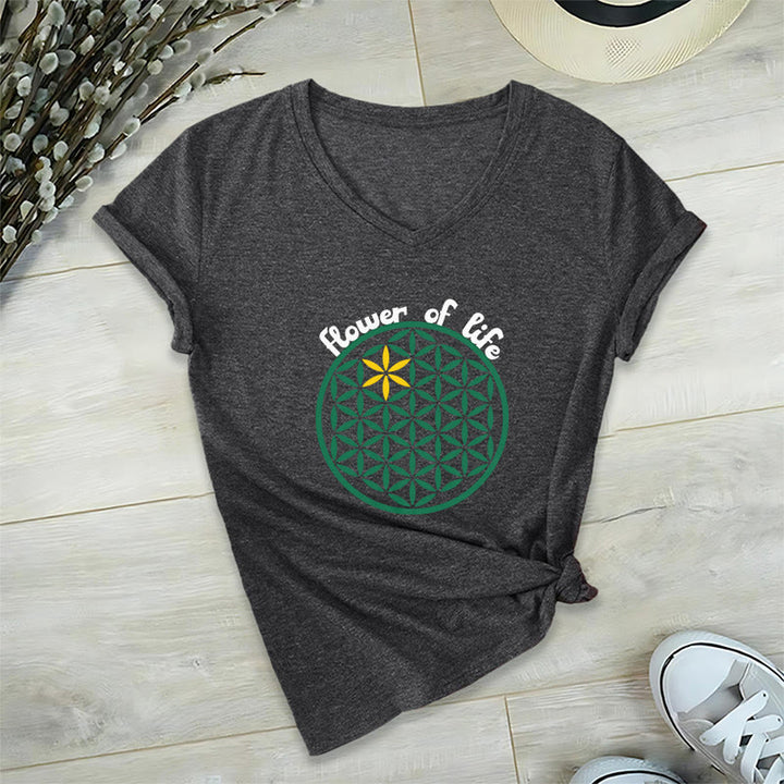 Olivenorma Flower of Life Boho Graphic Tees Casual V-Neck T-Shirt - Grey - 2XL - image 22