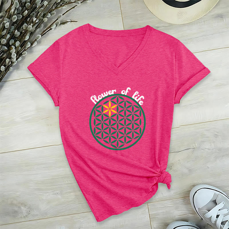 Olivenorma Flower of Life Boho Graphic Tees Casual V-Neck T-Shirt - HotPink - 2XL - image 30